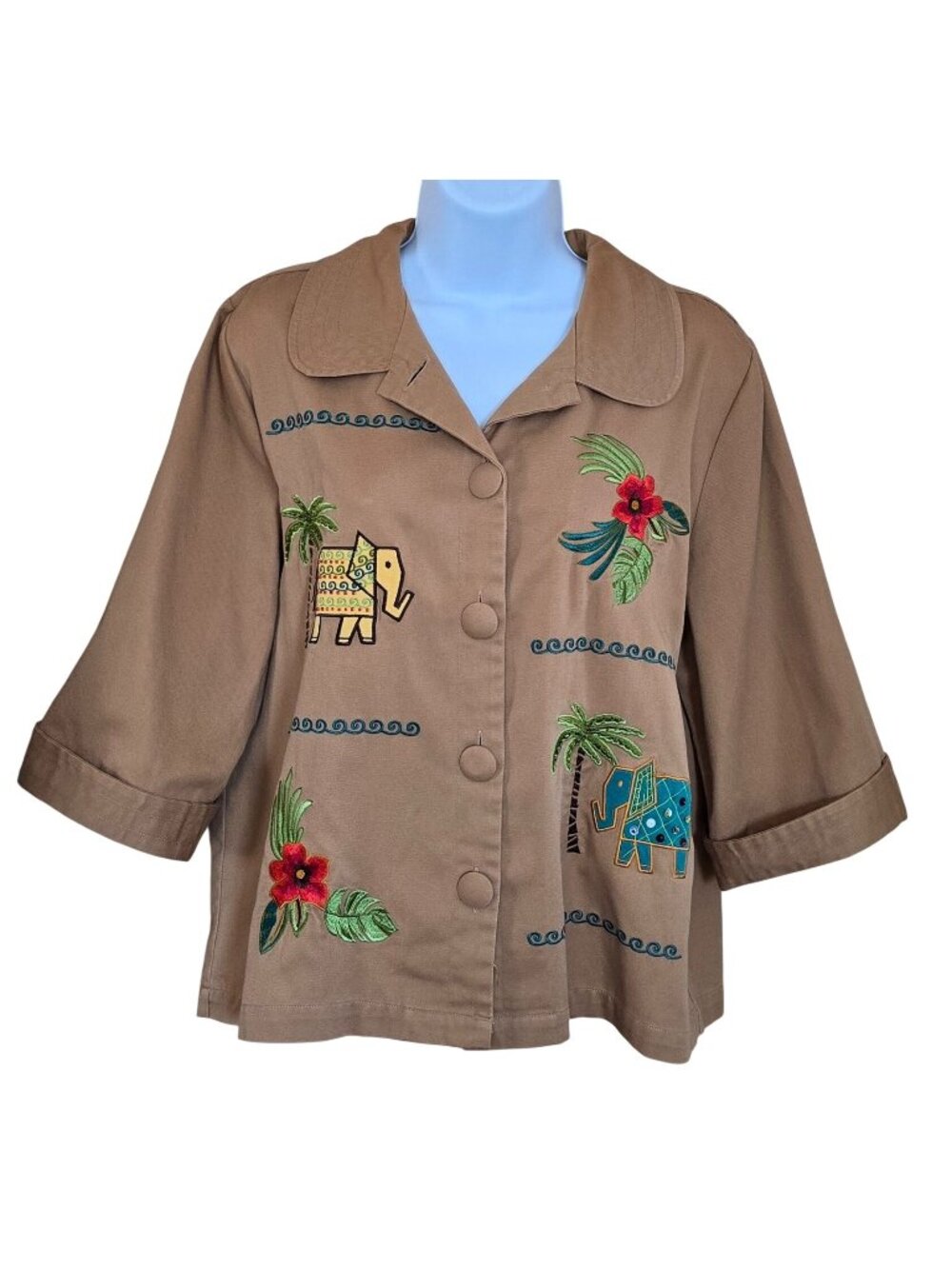 Embroidered Elephant Palm Button-Up Jacket boho art to wear cottagecore